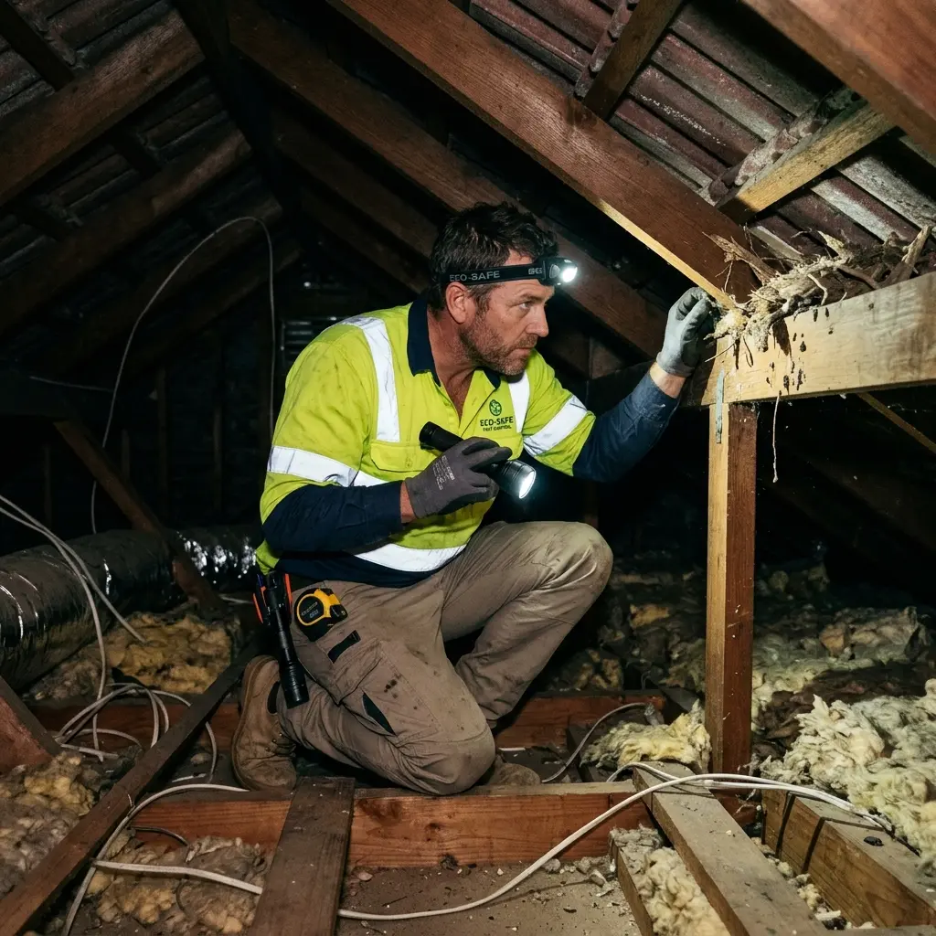 Technician inspecting a Mount Egerton subfloor void for a deceased cat